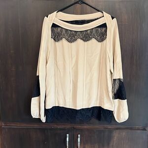 Aryn K Silk Tan & Black Lace Long Sleeve Blouse Medium